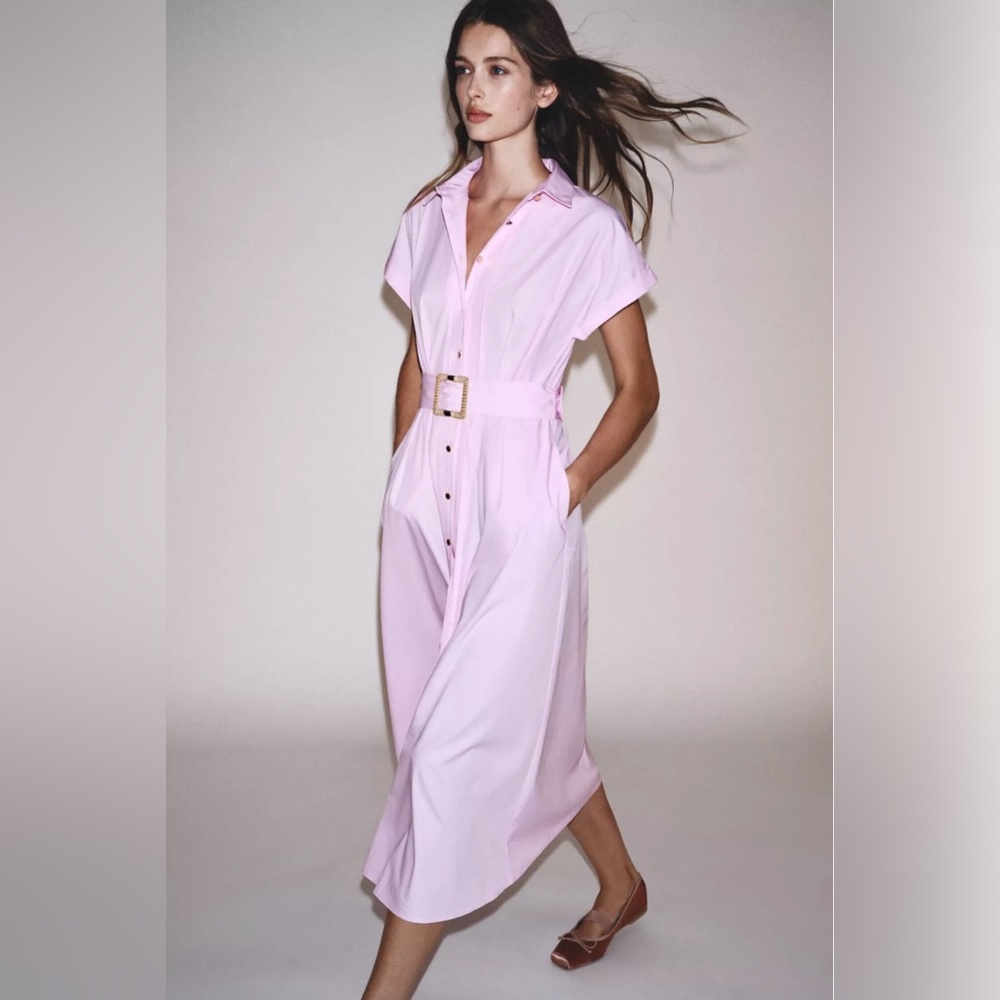 Zara Light Pink Midi Shirt Dress with Belt